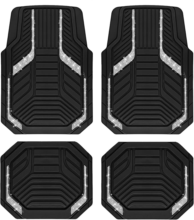 PIC AUTO Car Floor Mats, Silver Sparkly Crystal Bling Glitter Car Mats Set, Front and Rear Heavy Duty Rubber Car Mats with Anti-Slip Backing, All Weather, Trim-to-Fit for SUVs, Trucks, Sedan, Vans