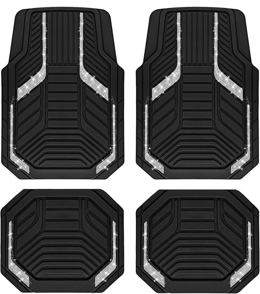 PIC AUTO Car Floor Mats, Silver Sparkly Crystal Bling Glitter Car Mats Set, Front and Rear Heavy Duty Rubber Car Mats with Anti-Slip Backing, All Weather, Trim-to-Fit for SUVs, Trucks, Sedan, Vans