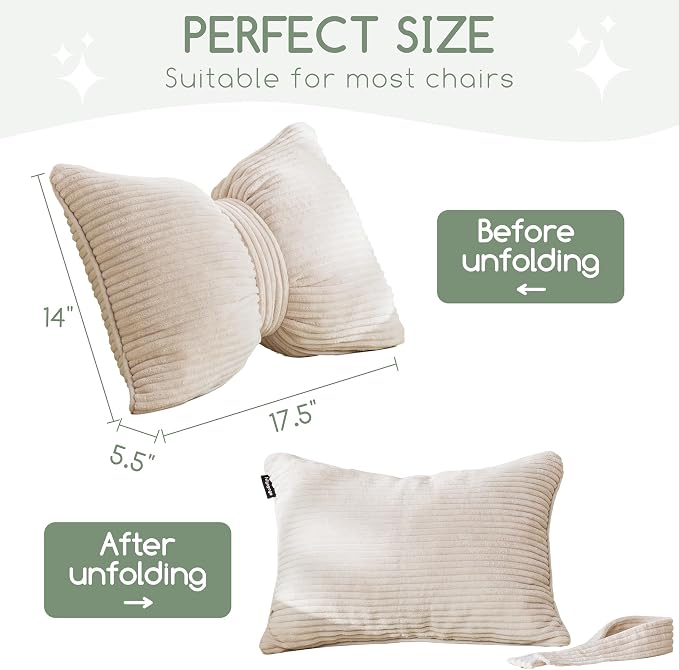 HIGOGOGO Lumbar Support Pillow for Recliner Chair, Bow Knot Shaped Back Support Cushion, Striped Corduroy Soft Decorative Lumbar Pillow for Office Chair, Sofa, Car, Bed, Living Room - Beige