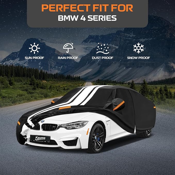 Kayme Heavy Duty Car Cover Custom Fit for BMW M4 4 Series 420 428 430 435 440 Sedan/Coupe (2013-2026), Outdoor Full Exterior Cover with Tape and Towel, Rain Snow Sun UV Protection.