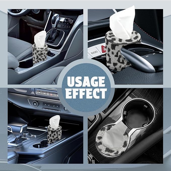 Bling Car Tissue Holder for Cup Holder – Sparkly Rhinestone Round Tissue Dispenser with 1 Pack Tissues – Fits Standard Auto Cup Holders – Stylish Car Interior Accessory for Women (Cow)