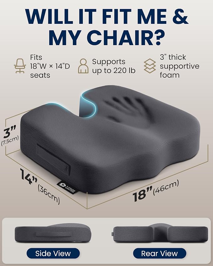 5 STARS UNITED Seat Cushion - Memory Foam Chair Cushion for Tailbone Pain Relief - Ergonomic Support for Coccyx, Sciatica & Butt - Office, Desk & Gaming Chair, Car Seat, Wheelchair, Airplane, D Gray