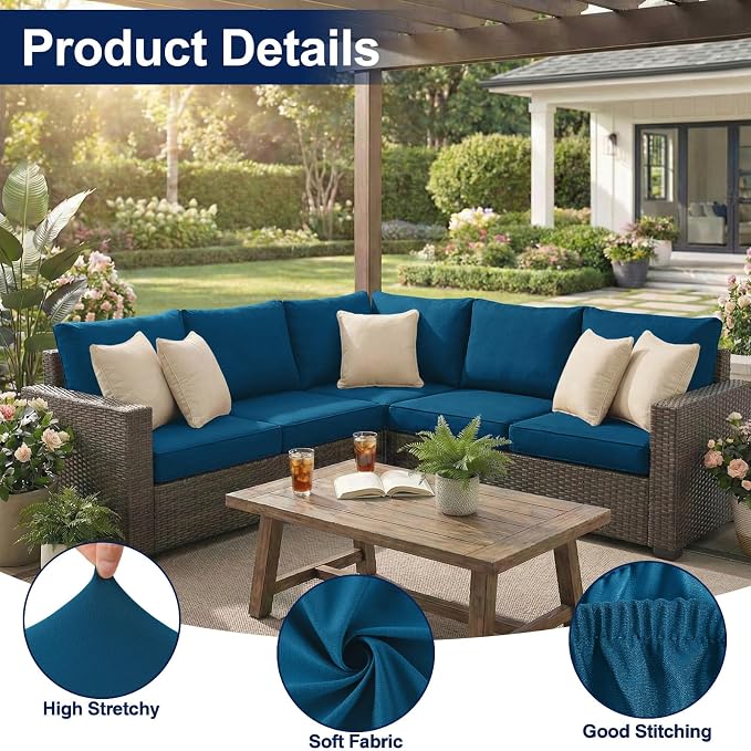 Smiry Waterproof Patio Cushion Covers, Stretch Outdoor Couch Slipcovers Replacement Washable Furniture Protector Sofa Chair Seat Cover for Dogs and Pets (12 Pcs, Peacock Blue)