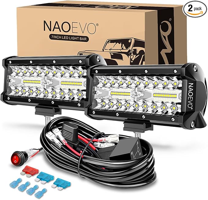 NAOEVO 7 Inch LED Light Bar, 240W 24,000LM Offroad Fog/Driving Lights LED Pods with 2 Leads Wiring Harness Kit, Spot Flood Combo Beam, Work for Truck Boat UTV ATV, 2-Pack (White)