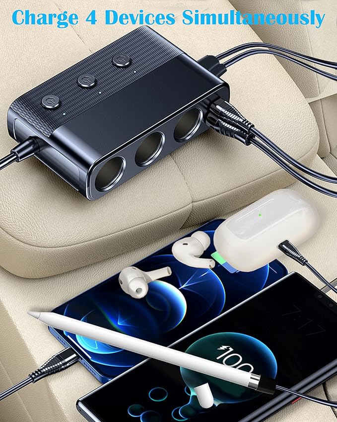 LIHAN 7-1 Cigarette Lighter Splitter, 3-Socket Adapter with PD 30W Type-C | 12V/24V Car Charger, QC3.0 & Dual USB Ports, Independent Switches, Voltage Display, 3.3FT Extension Cord for Truck RV SUV