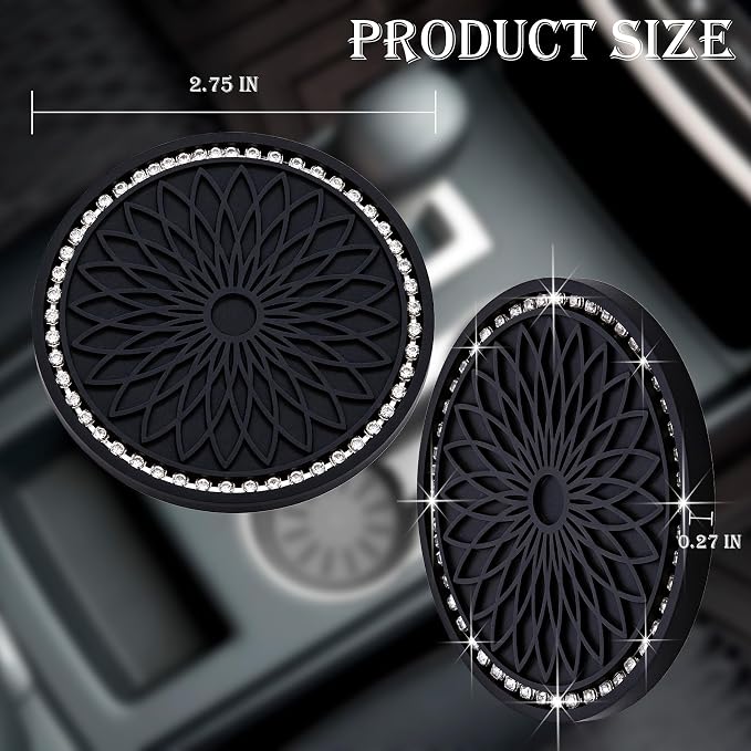 2PCS Bling Car Cup Holder Coasters, 2.75 Inch Silicone Anti-Slip Insert, Bling Shockproof Cup Mat for Women Girls, Universal Fit for Most Vehicles (Black & White)