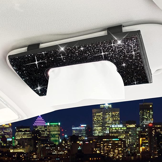 ChuLian Bling Bling Car Visor Tissue Holder Leather Crystals Paper Towel Cover Case & Glitter Sunglasses Clip for Women Black