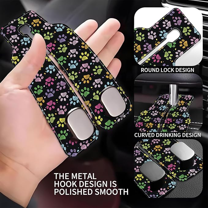 Car Headrest Purse Hanger Colorful Paw Prints 1 Pack Bag Purse Holder for Car Premium Leather Double Metal Hook for Handbags, Grocery Bags and Phones