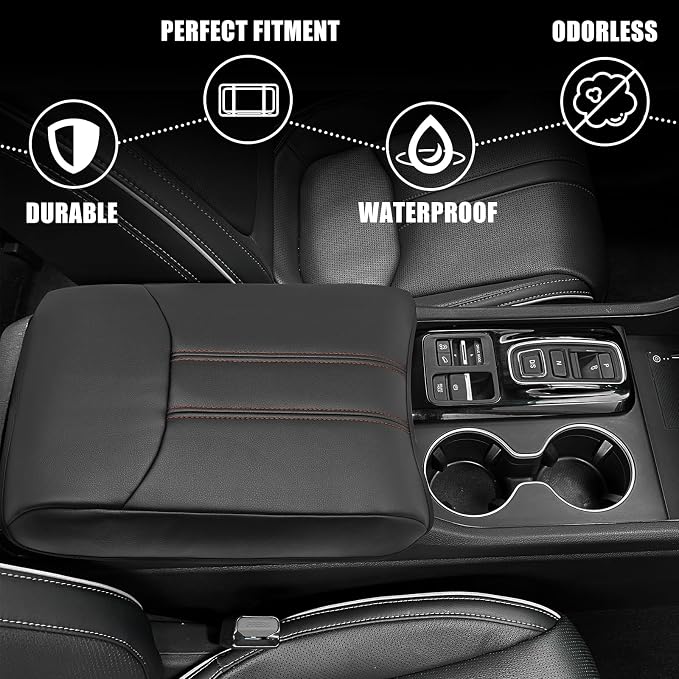 Muslogy Center Console Armrest Cover Fit for Honda Pilot 2023-2026, 2024-2026 Ridgeline/Passport Accessories, Comfort Armrest Pad Console Lid Cushion Vegan Leather Regular Thick(Black/Orange Trim)