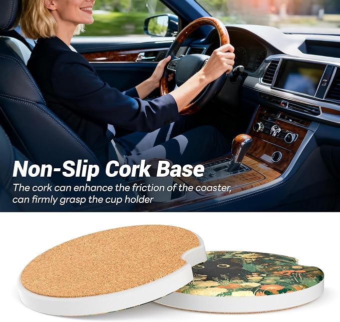 2 Pack Ceramic Car Coasters for Cup Holder, 2.56 in Anti Slip Absorbent Coaster with Cork Base and Finger Notch, Funny Cute Car Accessories for Women, One Cat