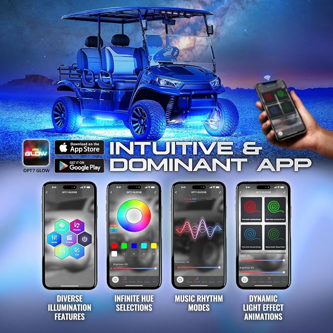 OPT7 12V Aura Golf Cart Underglow LED Light Strips with App & Remote Control, 4PC RGB Multi-Color Music Sync Decor Accessories, Waterproof Exterior Neon Accent Lighting Kit for EZGO Yamaha Club Car