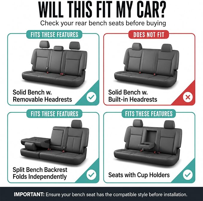 FH Group Rear Set Travel Master Car Seat Covers - Universal Fit, Split Bench Rear Seat, Washable, for SUV, Sedan, Black