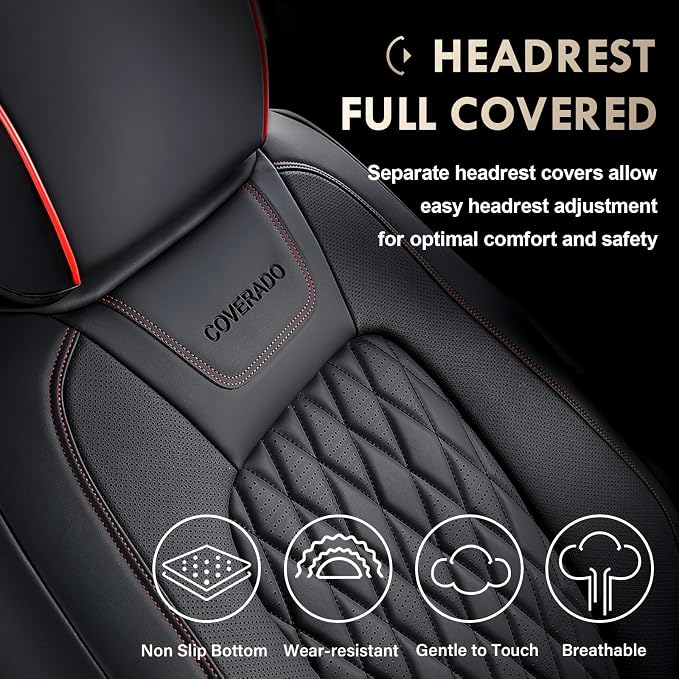 Coverado Leather Seat Covers Full Set for Ford F150F250F350F450(2015-2026)Waterproof Automotive Cushion Covers for Pick-Up Trucks Custom Fit for F150 SuperCrew&F250–F450 Super Duty Crew Cab(Red Line)