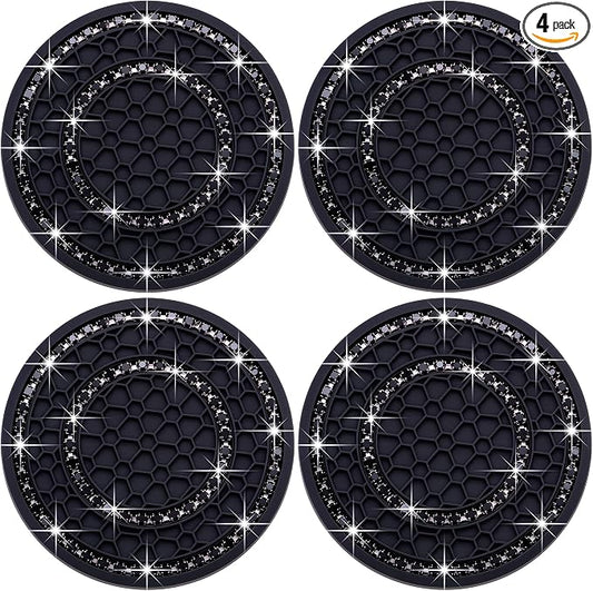 4PCS Bling Crystal Rhinestone Cup Holder Coaster, 2.75 inch Soft Silicone Anti-Slip Shockproof, Car Cup Holder Insert Coasters, Universal Car Interior Accessories for Women (Black)
