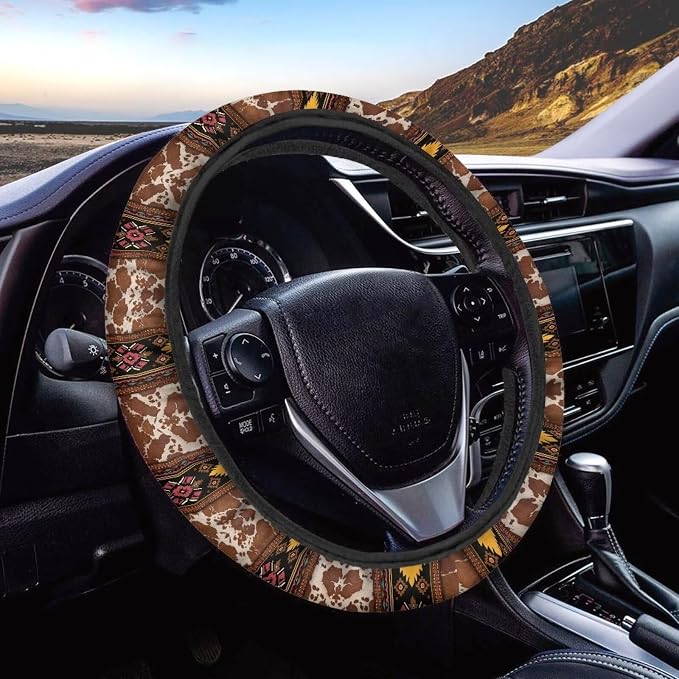 Wanyint Auto Steering Wheel Cover Universal Stretch 15 Inch Anti-Slip Neoprene Car Steering Wheel Protector for Women Men, Aztec Brown Beige Cow Print