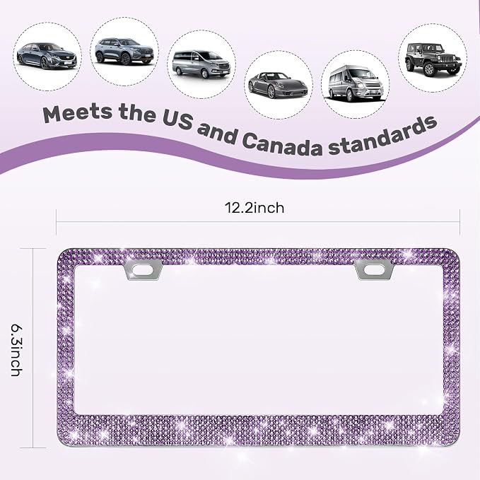 QUANQIUFEI 2 Pack Bling License Plate Frames, Sparkly Rhinestone Diamond Car License Plate Cover for Women, Stainless Steel Car Accessories with Glitter Crystal Caps (Tanzanite)