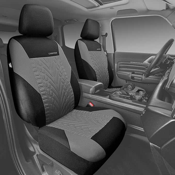 CAR PASS Car Seat Covers Full Sets, Front & Split Rear Bench for Car, 3D Tyre Embossed Automotive Interior Covers, Airbag Compatible, Quick Setup Universal Fit Seat Covers for Car, SUV(Black Gray)