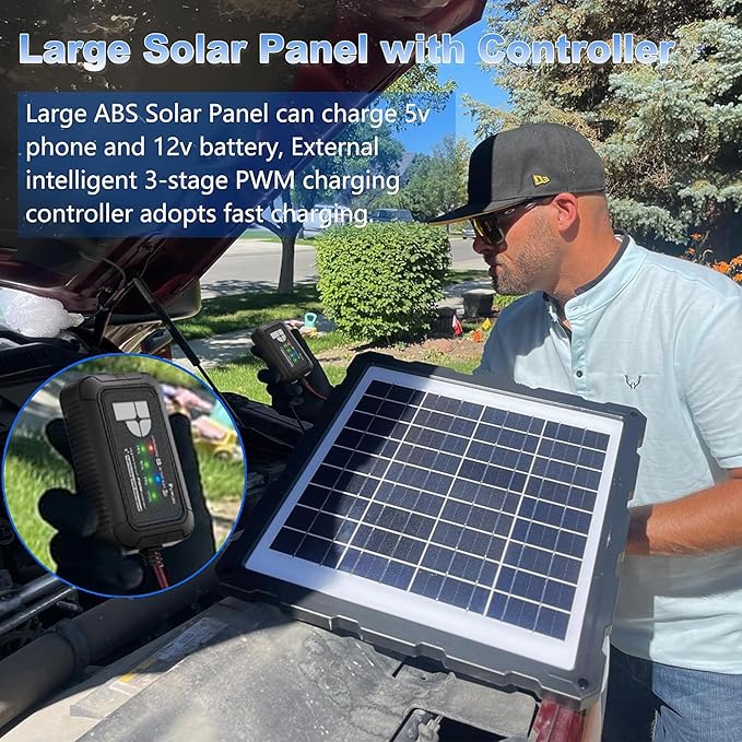 POWOXI-Upgraded-20W-Solar-Battery-Charger-Maintainer, External Smart 3-Stages PWM Charge Controller, 12V Solar Panel Trickle Charging Kit for Car, Motorcycle, Marine, RV, etc