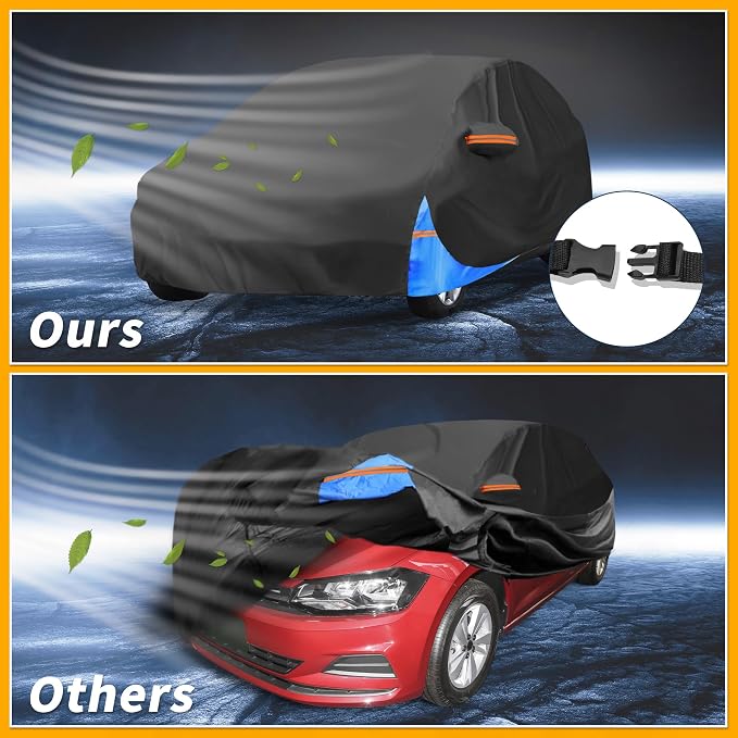 Waterproof All-Weather Universal Car Cover with Right Side Zipper, 190T Polyeste Black Blue Fits for Hatchback Up to 163" Length