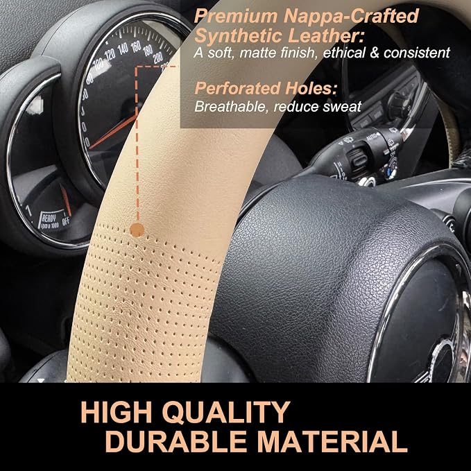 PINCTROT Large Size Nappa Leather Steering Wheel Cover, Slim Fit No Bulk Design, One Piece Leather with Breathable Perforation, Fit Like Gloves, 15.5-15.75 Inch(Nappa Light Taupe)