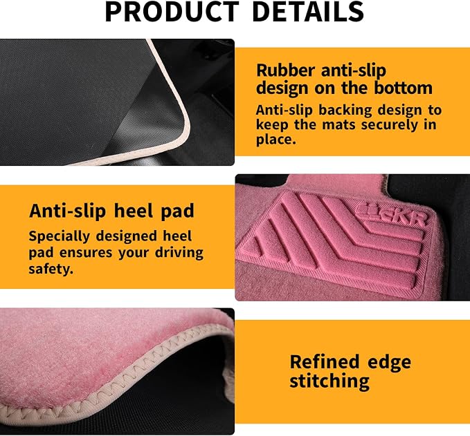 EKR All-Weather Universal Floor Mats,Thick Anti-Slip Car Carpet(Pink) | 0.5 inch Thick Anti-Slip Automotive Floor Mat with Driver Heel Pad Fit for SUV/Vans/Sedans/Trucks,Pink Carpet 4pcs Full set
