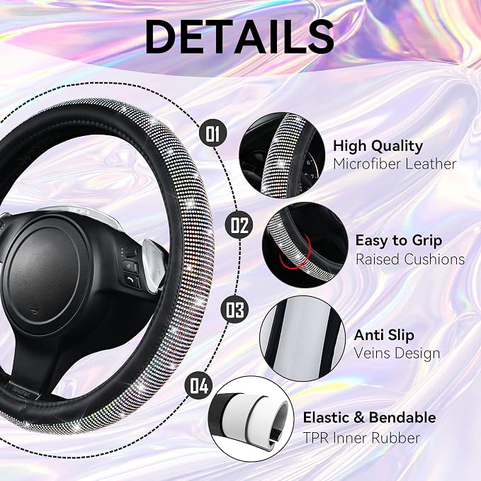 CAR PASS 23 PCS Bling Diamond Car Accessories Set for Women, Leather Car Seat Covers Full Set Sparkly Rhinestone15'' Steering Wheel Covers Shining Diamond Floor Mats Car Interior Sets, Multicolor