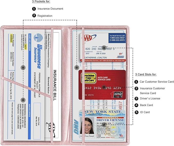 TOURSUIT Car Registration & Insurance Card Holder, Rose Gold | Vehicle License Document Organizer, Glove Box Compartment, Interior Car Accessories, For Women Men