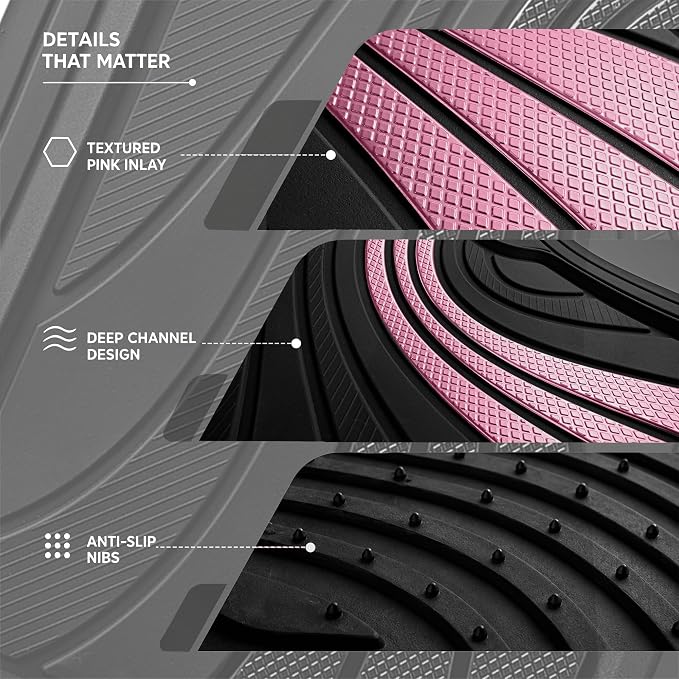 Road Comforts Car Floor Mats Full Set – Front & Rear Car Floor Mats with Aluminum Design, Anti-Slip Backing, All-Weather Protection, Trim-to-Fit Car Mats for Most Sedans, SUVs & Vans - Pink