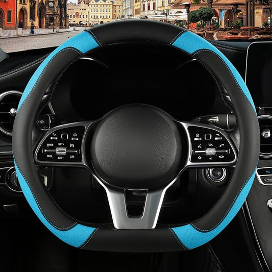 Black Blue Microfiber Leather D Shaped Steering Wheel Cover | Breathable Anti Slip Grip Cool Sporty Look Glow for Women Men