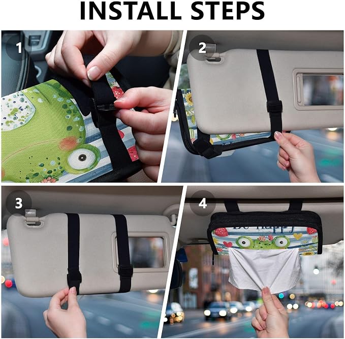 Happy Blue Striped Frog Floral Strawberry Car Tissue Holder Durable Napkin Holder Hanging Tissue Holders Case Car Tissues Bag for Sun Visor Seat Back Universal Auto