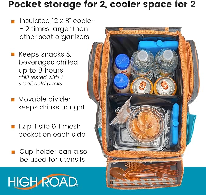 High Road CarHop Car Caddy Organizer with Tray, Trip Cooler and Cup Holder | Middle Seat Organizer for Kids Toys and Snacks in the Backseat and Passenger Seat Car Snack Organizer for Drivers