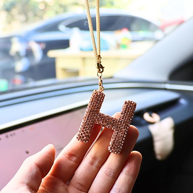 Bling Car Accessories for Women Letter Charm, Rainbow Crystal Rearview Mirror Pendant, Cute Diamond Rhinestone Car Decor, Lucky Gift for Women(H, Champagne Gold)