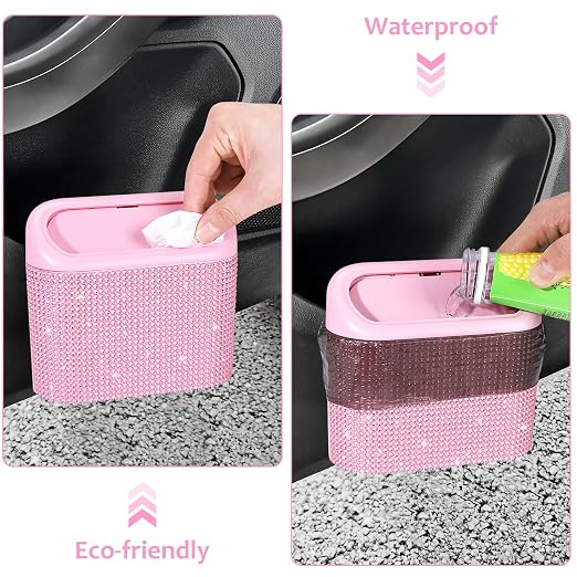 Accmor Bling Pink Car Trash Can with Lid, Mini Auto Garbage Storage Bin with 60 Trash Bags, Small Car Garbage Container Bin, Sparkling Crystal Vehicle Dustbin for Front Back Seat Accessories for Cars