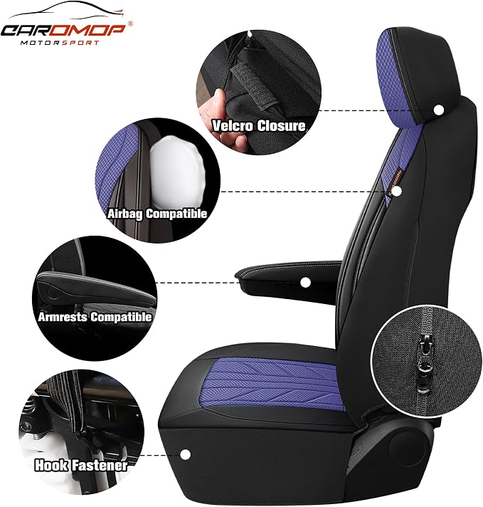 CAROMOP Breathable Cloth Fabric Car Seat Covers 2 Front Seats,Faux Leather 3D Foam Back Support Seat Cover for Car,Universal Seat Covers for Cars,Trucks,SUVs,Front Seat Armrests Compatible(Black/Blue)