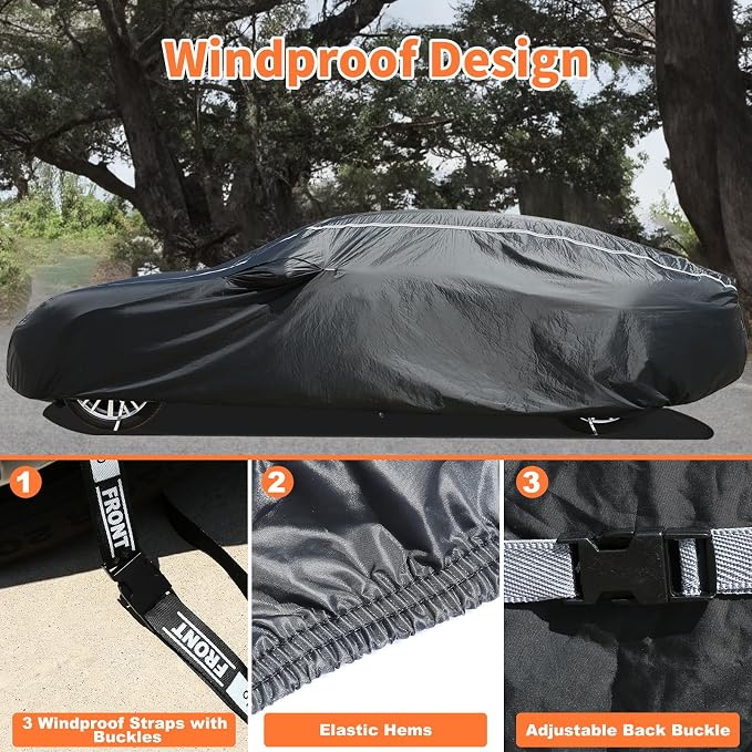 Car Cover Waterproof All Weather, Coverado Outdoor Full Exterior Covers Soft Cotton Backing Rain Uv Hail Protector Car Cover with Invisible Mirror Pocket Universal Fit for Mercedes etc (183"-193")