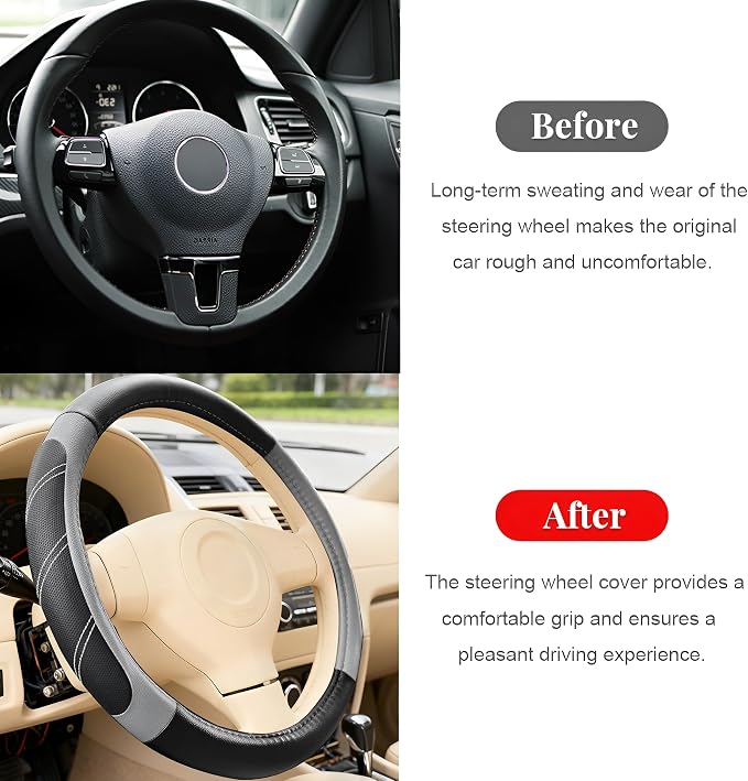 Car Steering Wheel Cover, 14.5-15" Non-Slip Soft Leather Breathable Sporty Steering Wheel Protector, Comfortable Automotive Interior Protection Accessory, Universal for Vehicles (Black/Gray)