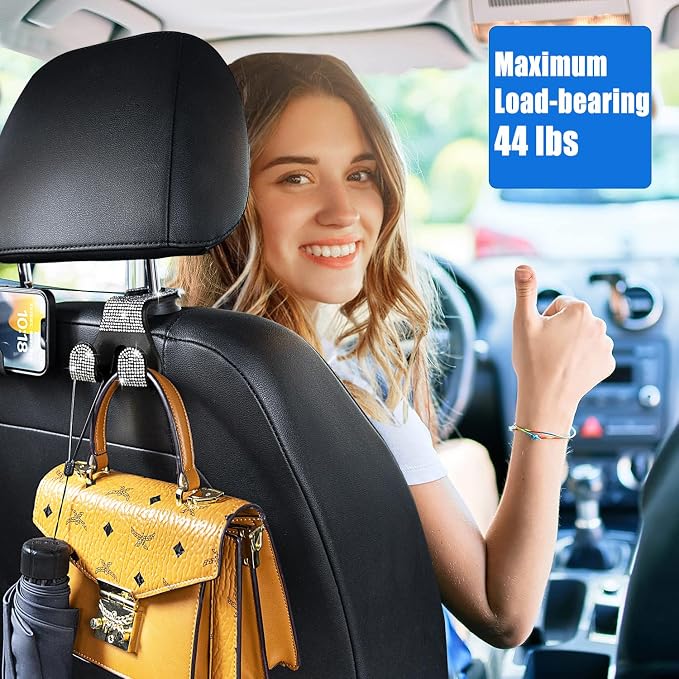 Bling Car Purse Hooks 2Pcs, Rhinestones Car Headrest Hook Backseat | Double Hooks,Holds 44Lbs,Wide Opening,Durable Nylon,Car Seat Hook,Purse Holder,Bling Car Accessories for Women,White