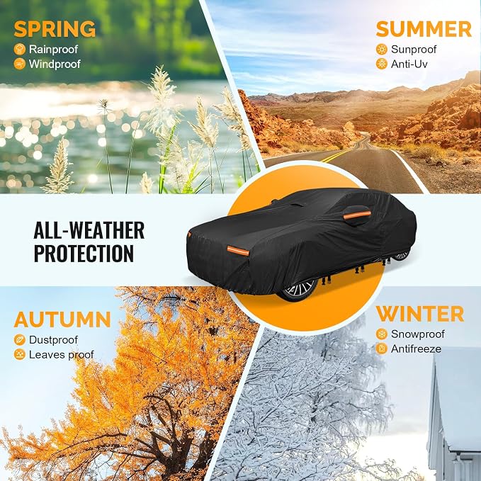 Heavy Duty Car Cover for Automobiles All Weather Waterproof, Outdoor Snowproof UV Protection Windproof, Door Zipper, Soft Cotton Universal Car Covers (Black, Fit Sedans 171"-180")