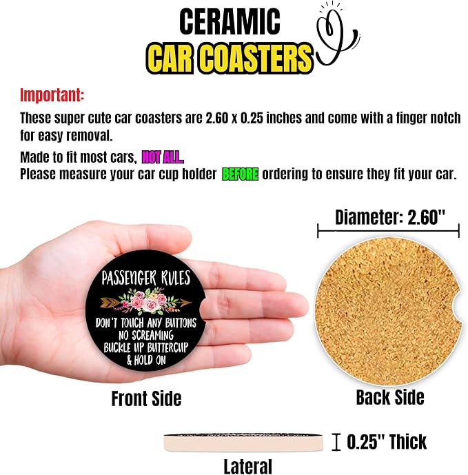 Funny Car Coasters for Cup Holders - 2 Pack Cute Flower Car Accessories for Women, Funny Sayings Floral Stuff Decor, Absorbent Ceramic Cup Holder Coaster for Car to Keep Clean, Gag White Elephant Gift