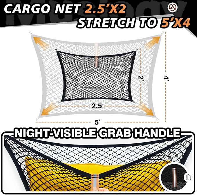 Muslogy Truck Bed Cargo Net Trunk Netting Compatible with 2021-2025 2026 Toyota Sienna Accessories, Pickup Cargo Organizer SUV Sedan Storage Net w/Heavy Duty Carabiners