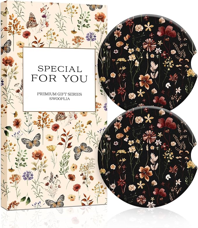 Swooflia Floral Absorbent Ceramic Car Coasters Set of 2, Cute Botanical Wildflower Cup Holder Coasters for Car, Black Vintage Flower Car Accessories for Women, Unique Gifts for Mom, Friends, Teachers