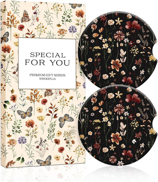 Swooflia Floral Absorbent Ceramic Car Coasters Set of 2, Cute Botanical Wildflower Cup Holder Coasters for Car, Black Vintage Flower Car Accessories for Women, Unique Gifts for Mom, Friends, Teachers