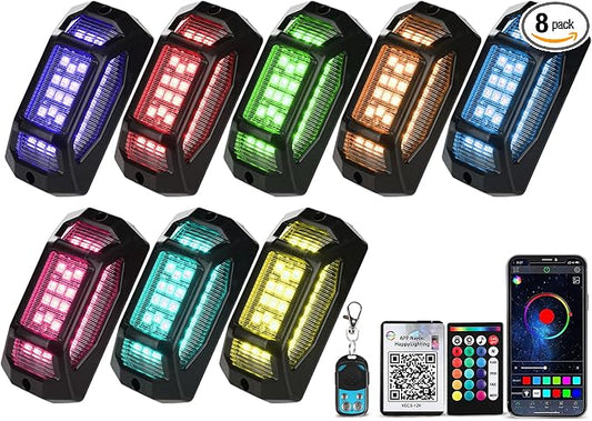 RGB Rock Lights for Trucks, 8 Pods 5-Sided LED Underglow Lights with App/RF Remote Control, 160° Wide Angle Music Sync Neon Exterior Light Kit, IP67 Waterproof, No-Drill for Jeep SUV ATV UTV Boat