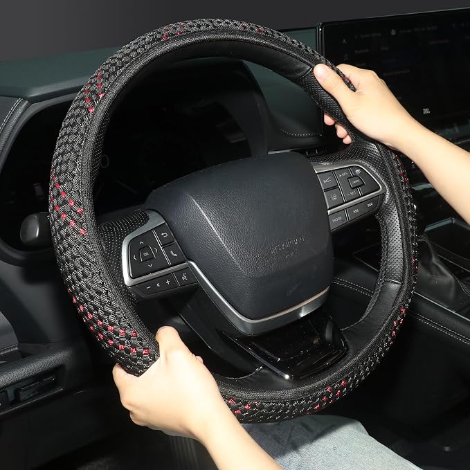 KAFEEK Elastic Mesh Car Steering Wheel Cover, Cute Black Red, 15 Inch | Cooling Breathable Fabric, Non Slip Protector for Women Men, Summer Winter, Universal Fit