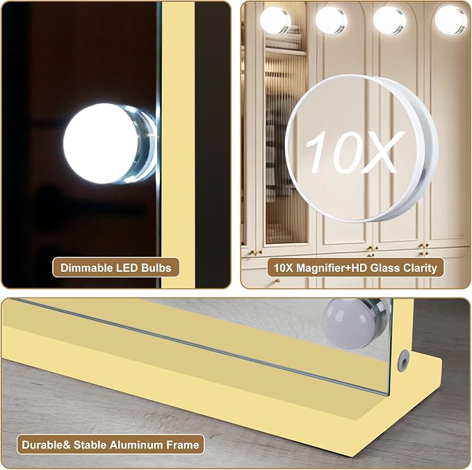 Ratsamee Gold Hollywood Vanity Mirror with Lights, 17 Dimmable Bulbs, 3 Color Lights,Make Up Lighted Mirror, Aluminum Metal Frame, USB Charging Port（26" x 20"）
