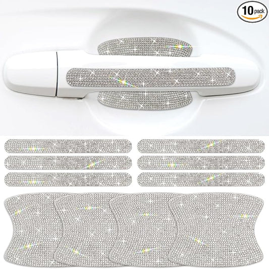 10PCS Car Door Handle Bling Rhinestones Stickers, Sliver | Universal Auto Door Handle Safety Reflective Strips, Cute Things for Car