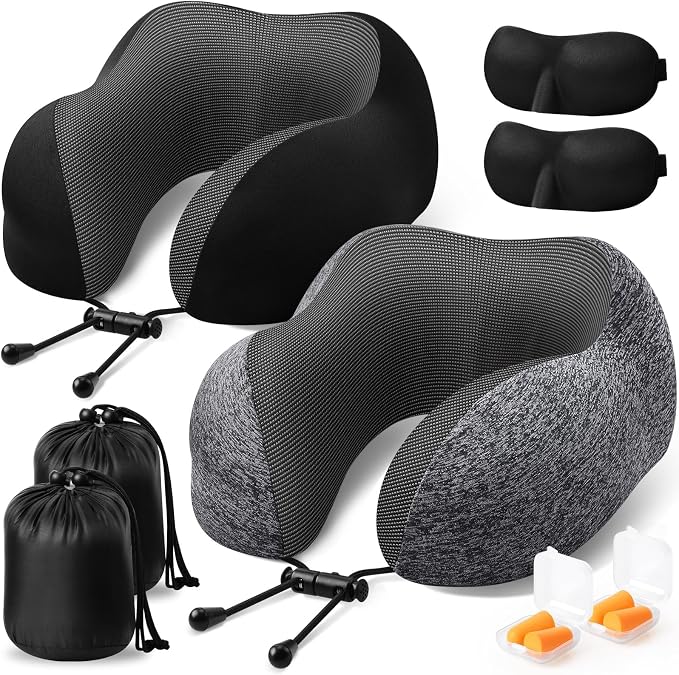 ExploreBliss Travel Pillow, 2 Pack Travel Pillows for Sleeping Airplane, Removable Cover Neck Pillow with Adjustable Clasp, Memory Foam Neck Pillow Set (Dark Grey & Black)