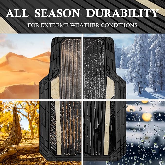 CAR PASS Heavy Duty Rubber Car Mats Metallic, Aluminum Film All Weather Floor Mats Waterproof Universal Trim to Fit for SUV Sedan Van 4 Piece Deep Dish Two-Tone Sporty Black Golden Chrome