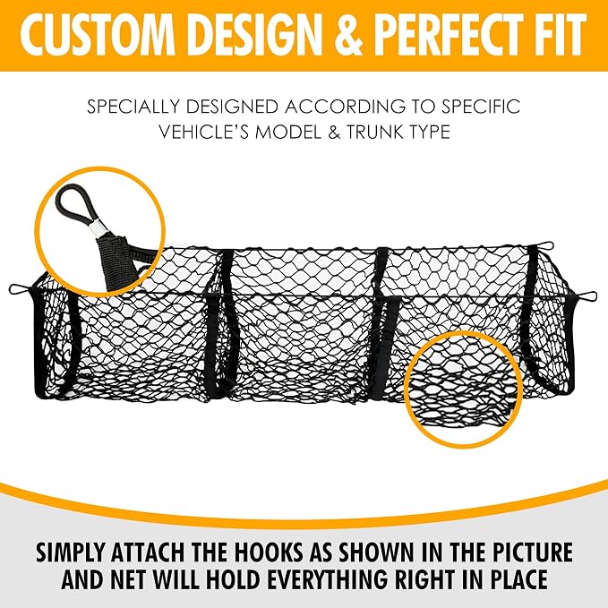 3 Pocket Style Elastic Trunk Cargo Net for Hyundai Santa Cruz 2022-2025 - Premium Trunk Organizers & Storage - Cargo Net for Pickup Truck Bed - Truck Bed Divider - Car Organizer for Pickup