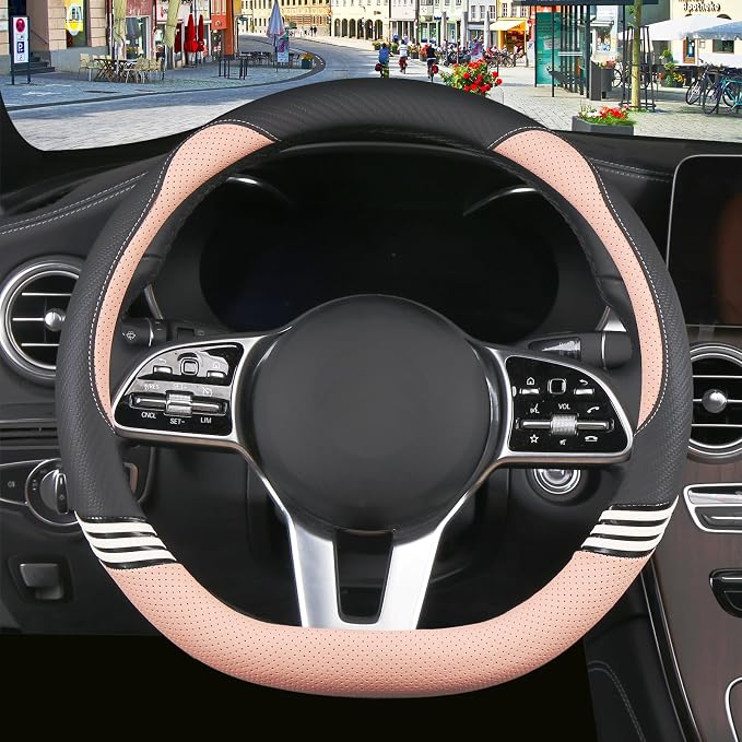 15 inch Cute Leather D Shape Steering Wheel Cover Black Pink | Breathable Faux Leather and Carbon Fiber Flat Bottom Car Accessories for Women Men Universal 14.5 inch to 15 inch